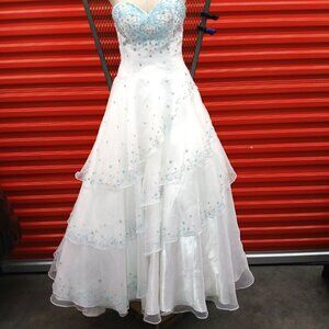 White Tiered Gown w Ice-Blue Beadwork